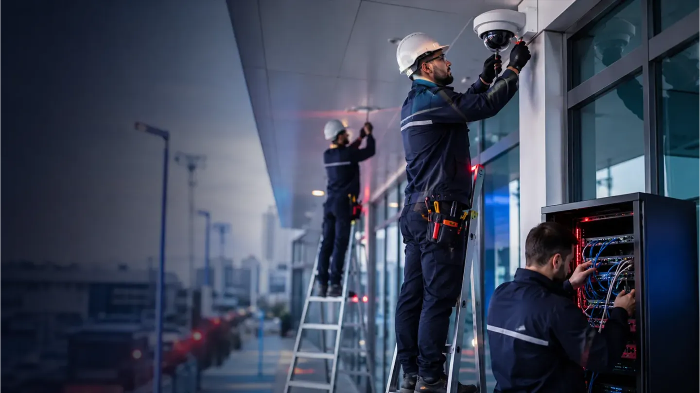 Técnicos de FoxTech instalando cámaras de vigilancia en un edificio