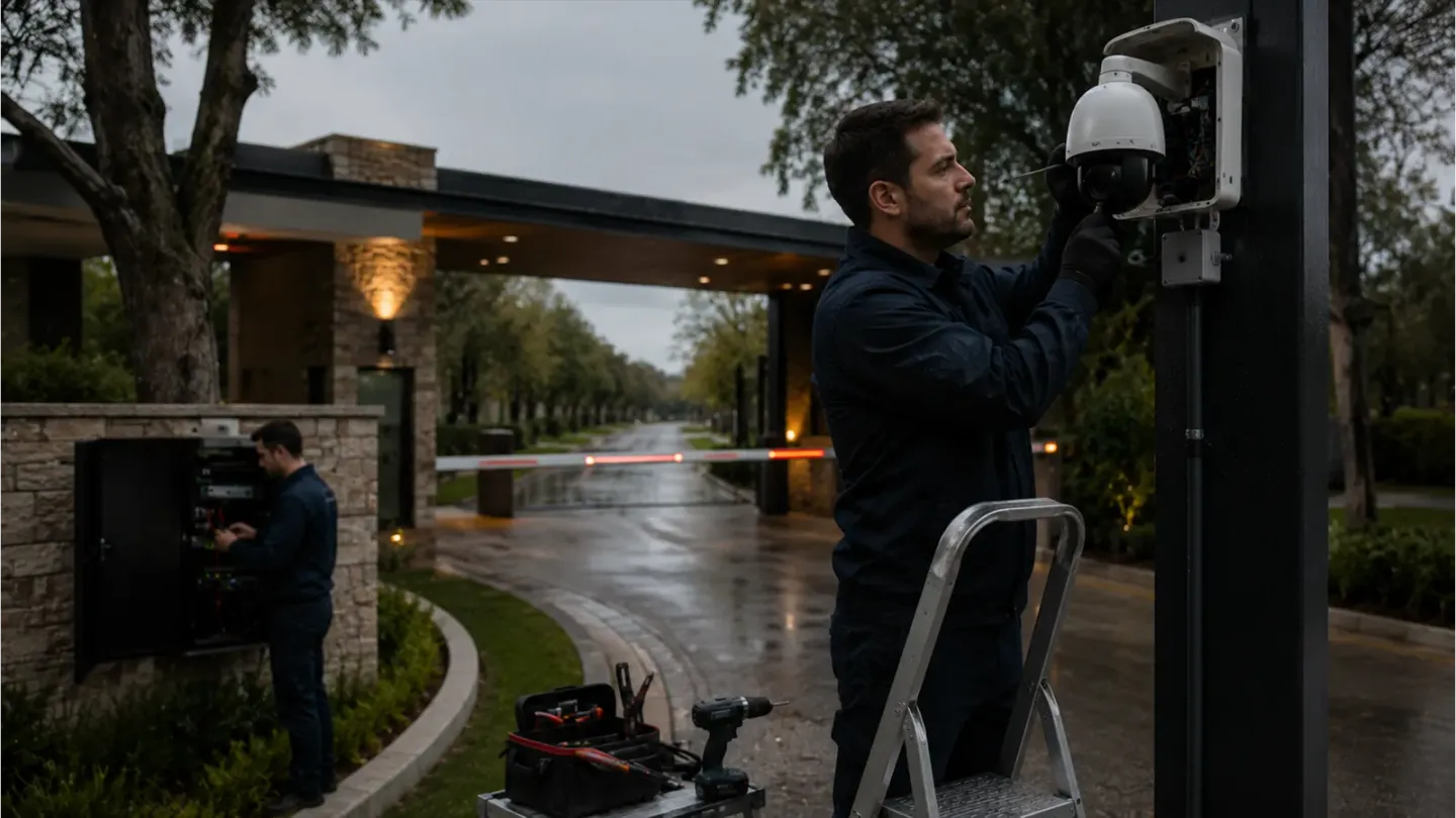 Técnico de FoxTech instalando una cámara en el acceso de una urbanización